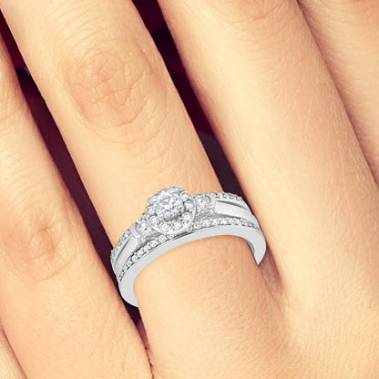 3 Piece Diamond Halo Engagement Ring .62 CTW Round Cut 14K White Gold