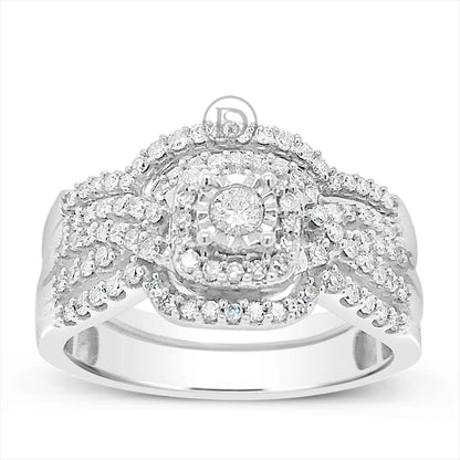 Diamond Halo Engagement Ring 5/8 CTW 14K White Gold Bridal Set