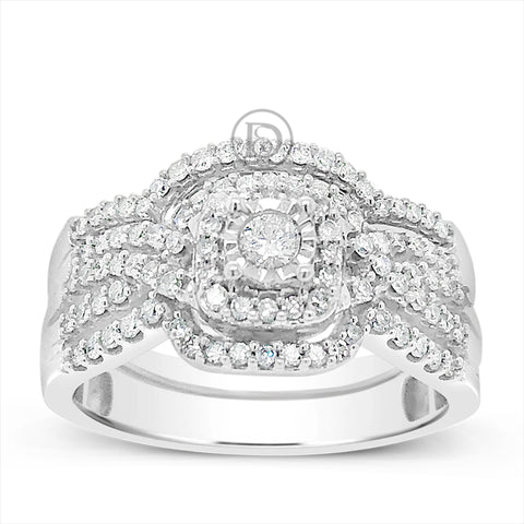 Diamond Halo Engagement Ring 5/8 CTW 14K White Gold Bridal Set