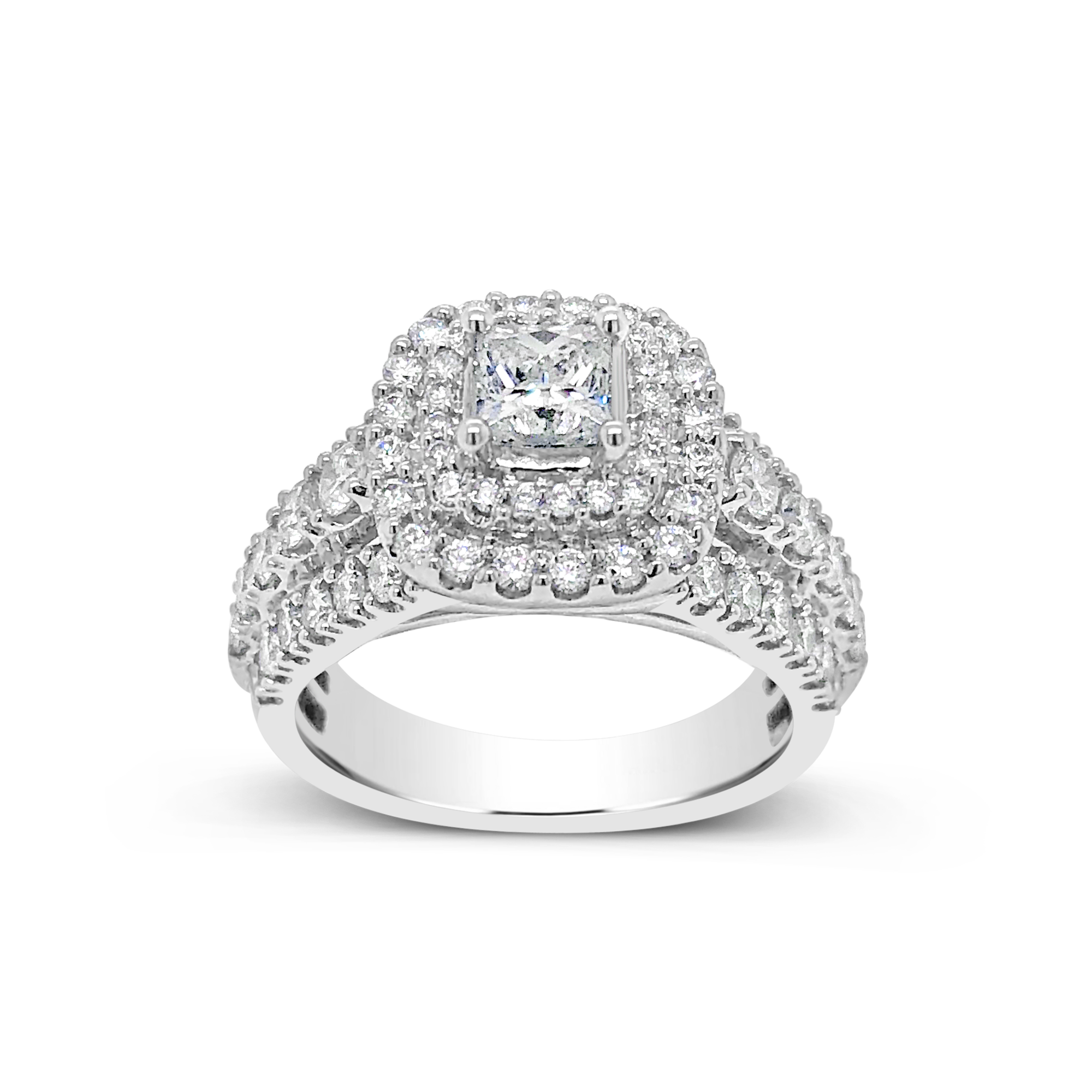 Diamond Halo Engagement Ring 2 CTW Princess Cut Center w/ Round Cut 14K White Gold