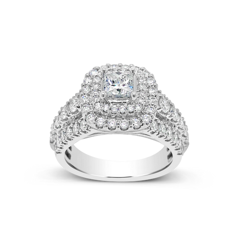 Diamond Halo Engagement Ring 2 CTW Princess Cut Center w/ Round Cut 14K White Gold