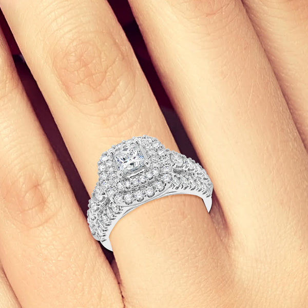 Diamond Halo Engagement Ring 2 CTW Princess Cut Center w/ Round Cut 14K White Gold