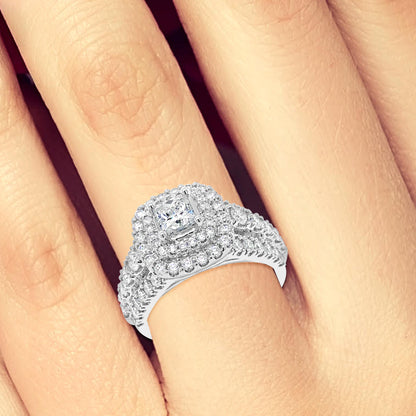 Diamond Halo Engagement Ring 2 CTW Princess Cut Center w/ Round Cut 14K White Gold