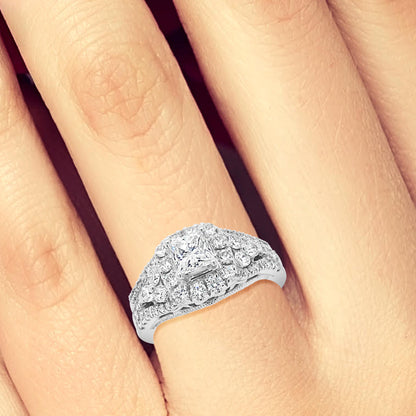 Diamond Halo Engagement Ring 1 5/8 CTW Princess Cut center w/Round Cut 14K White Gold