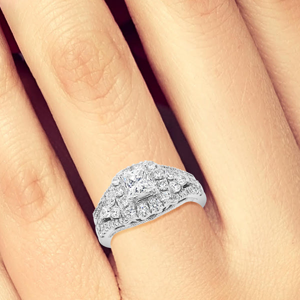 Diamond Halo Engagement Ring 1 5/8 CTW Princess Cut center w/Round Cut 14K White Gold