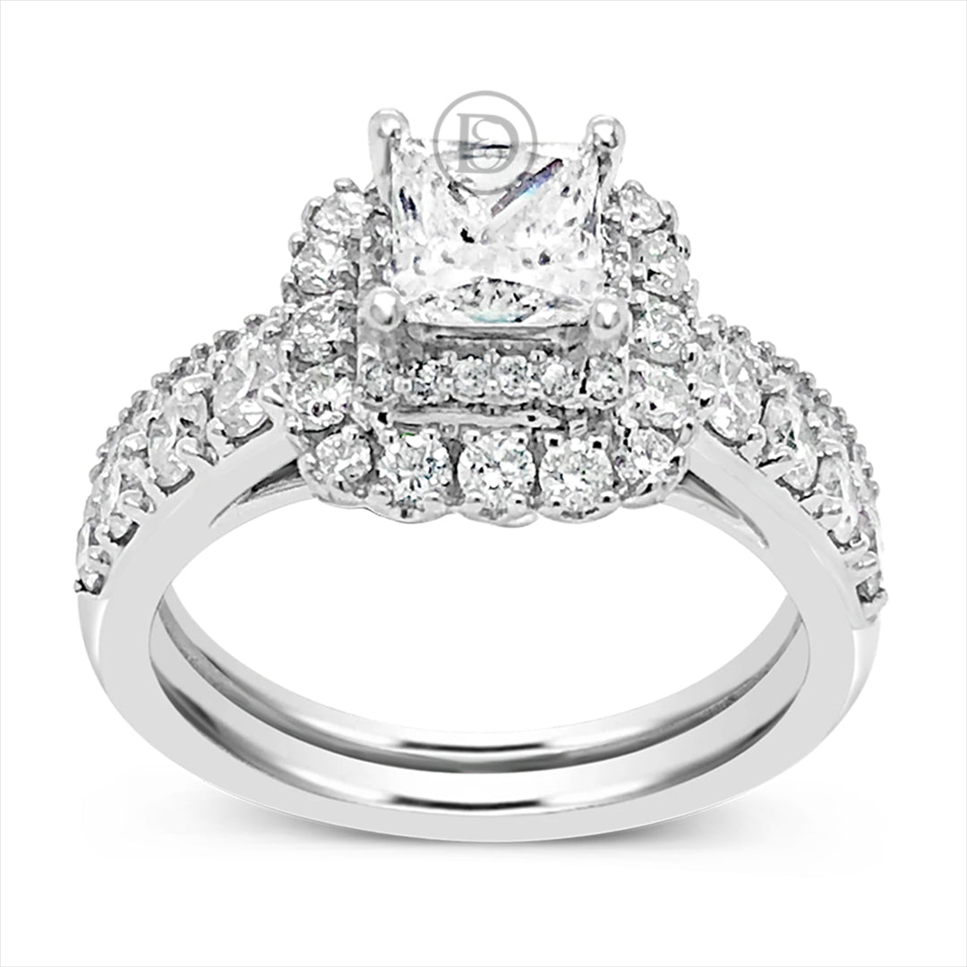 Diamond Halo Engagement Ring 2 CTW Princess w/ Round Cut 14K White Gold