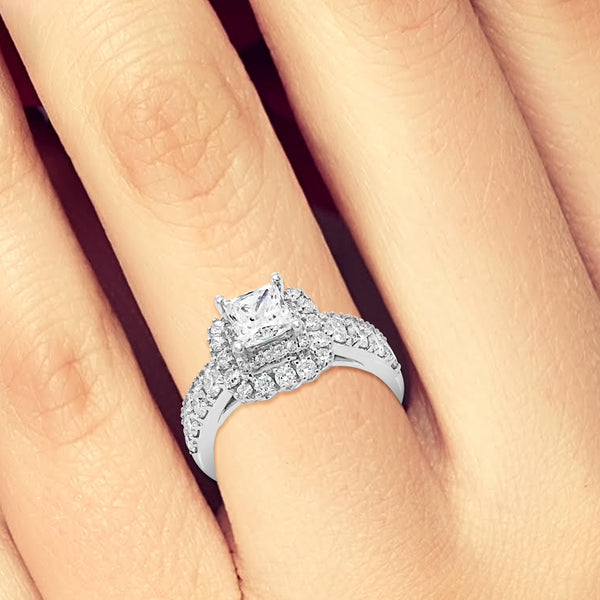 Diamond Halo Engagement Ring 2 CTW Princess w/ Round Cut 14K White Gold