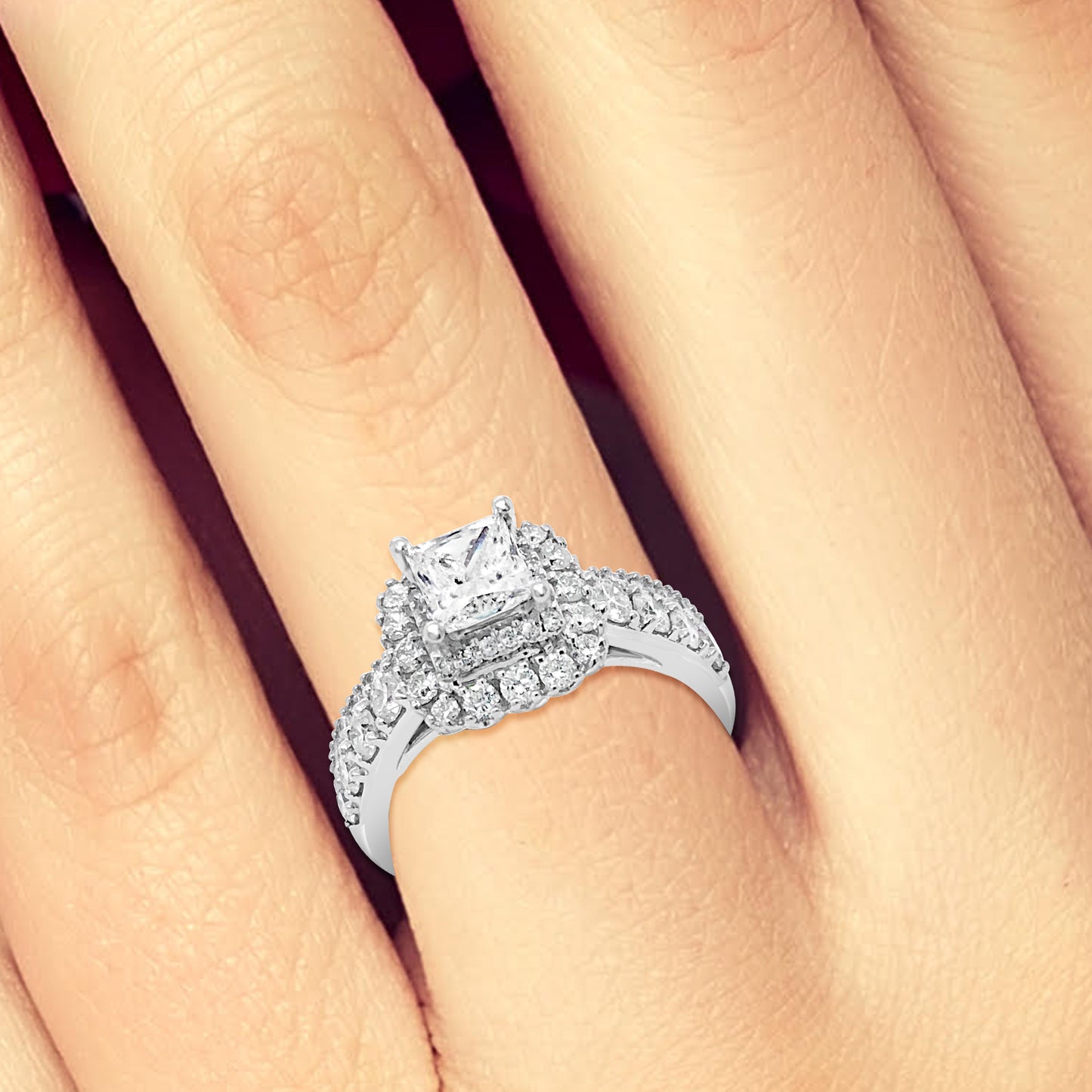 Diamond Halo Engagement Ring 2 CTW Princess w/ Round Cut 14K White Gold