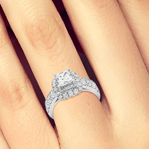 Diamond Halo Engagement Ring 2 CTW Princess w/ Round Cut 14K White Gold