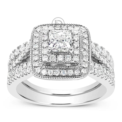 Diamond Halo Engagement Ring 1.24 CTW Princess Center w/ Round Cut 14K White Gold