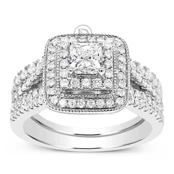 Diamond Halo Engagement Ring 1.24 CTW Princess Center w/ Round Cut 14K White Gold