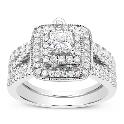 Diamond Halo Engagement Ring 1.24 CTW Princess Center w/ Round Cut 14K White Gold