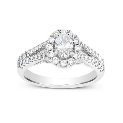 Diamond Halo Engagement Ring 1 CTW Oval w/ Round Cut 14K White Gold