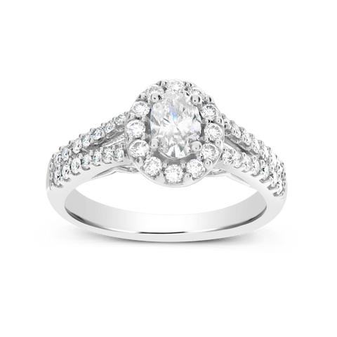 Diamond Halo Engagement Ring 1 CTW Oval w/ Round Cut 14K White Gold