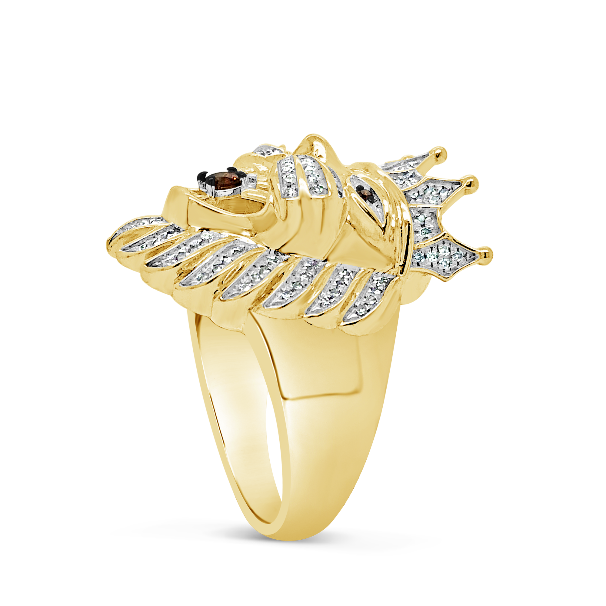Diamond Crown Lion Ring w/ Amber details 1.43 CTW Round Cut 10K Yellow Gold
