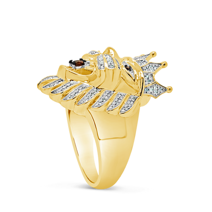 Diamond Crown Lion Ring w/ Amber details 1.43 CTW Round Cut 10K Yellow Gold