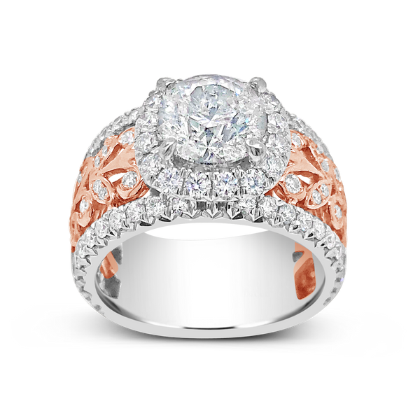 Diamond Halo Engagement Ring Two-Tone 3.52 CTW Center 2.2CT Round Cut 14K White Gold