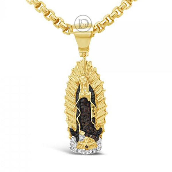 Green & Red Diamond Virgin Mary Pendant .50 CTW Round Cut 10K Yellow Gold