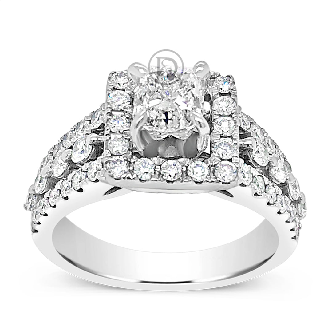 Diamond Halo Engagement Ring 2 CTW Cushion Cut center w/ Round Cut 14K White Gold