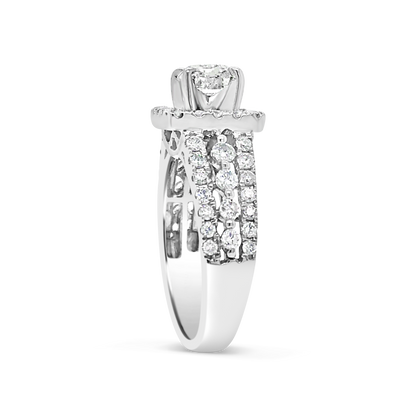 Diamond Halo Engagement Ring 2 CTW Cushion Cut center w/ Round Cut 14K White Gold
