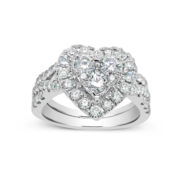 Diamond Halo Heart Shaped Engagement Ring 1.50 CTW Round Cut 14K White Gold