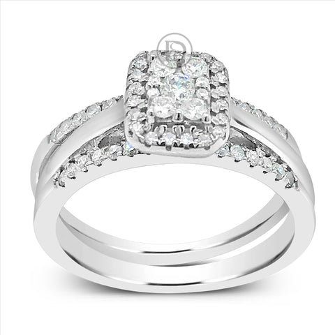 3 Band Diamond Halo Engagement Ring .55 CTW Round Cut 14K White Gold