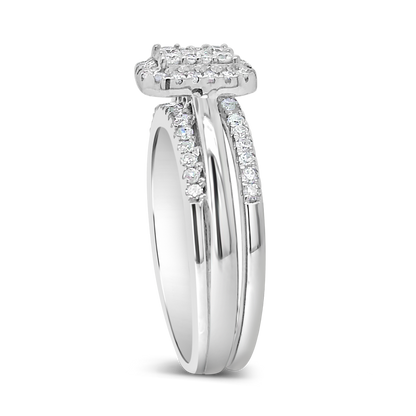 3 Band Diamond Halo Engagement Ring .55 CTW Round Cut 14K White Gold