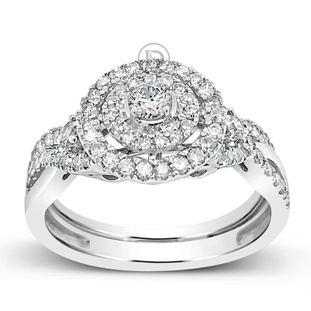 Diamond Halo Engagement Ring .75 CTW 14K White Gold Bridal Set