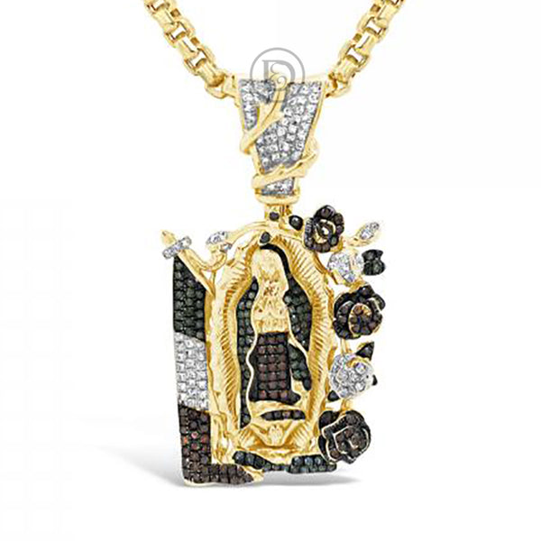 Green & Red DiamondVirgin Mary Pendant 1.8 CTW Round Cut 10K Yellow Gold