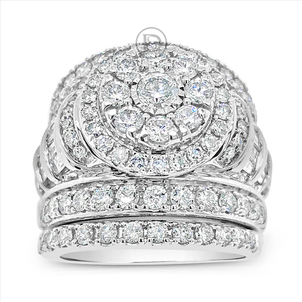 3 Band Diamond Halo Engagement Ring 3 CTW Round Cut w/ Baguettes 14K White Gold