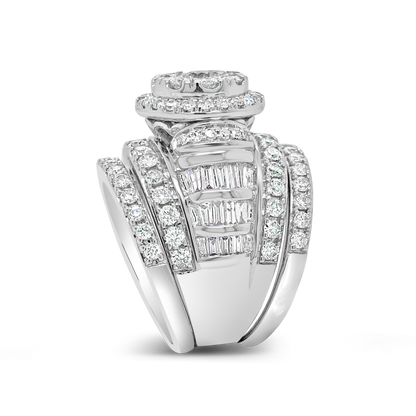 3 Band Diamond Halo Engagement Ring 3 CTW Round Cut w/ Baguettes 14K White Gold