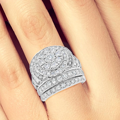 3 Band Diamond Halo Engagement Ring 3 CTW Round Cut w/ Baguettes 14K White Gold