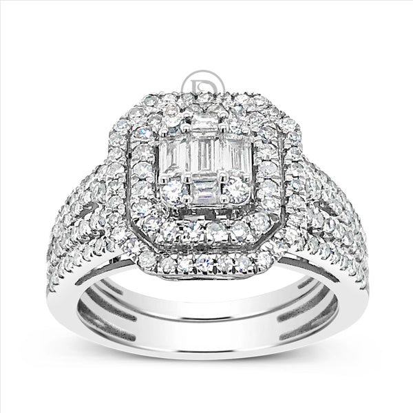 Diamond Halo Engagement Ring 1.25 CTW Baguettes w/ Round Cut 14K White Gold