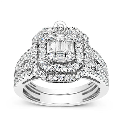 Diamond Halo Engagement Ring 1.25 CTW Baguettes w/ Round Cut 14K White Gold