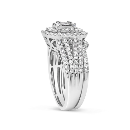 Diamond Halo Engagement Ring 1.25 CTW Baguettes w/ Round Cut 14K White Gold