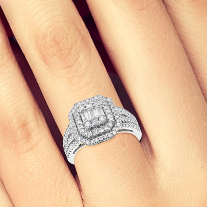 Diamond Halo Engagement Ring 1.25 CTW Baguettes w/ Round Cut 14K White Gold