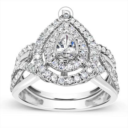Diamond Halo Pear Shaped Engagement Ring .75 CTW Round Cut 14K White Gold