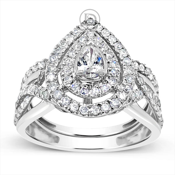 Diamond Halo Pear Shaped Engagement Ring .75 CTW Round Cut 14K White Gold