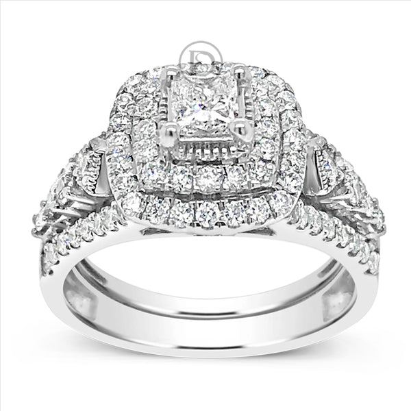 Diamond Halo Engagement Ring 1.50 CTW Princess Cut Center w/Round Cut 14K White Gold