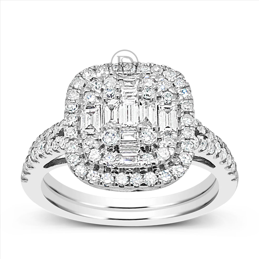 Diamond Halo Engagement Ring 1 CTW Round Cut w/ Bagguetts 14K White Gold
