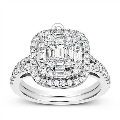 Diamond Halo Engagement Ring 1 CTW Round Cut w/ Bagguetts 14K White Gold