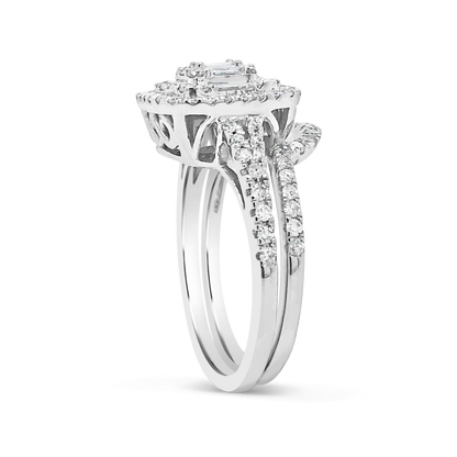 Diamond Halo Engagement Ring 1 CTW Round Cut w/ Bagguetts 14K White Gold