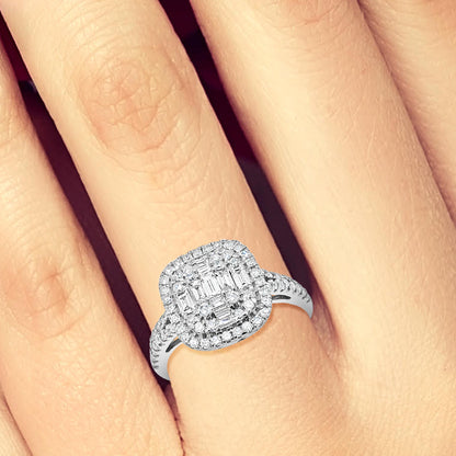 Diamond Halo Engagement Ring 1 CTW Round Cut w/ Bagguetts 14K White Gold