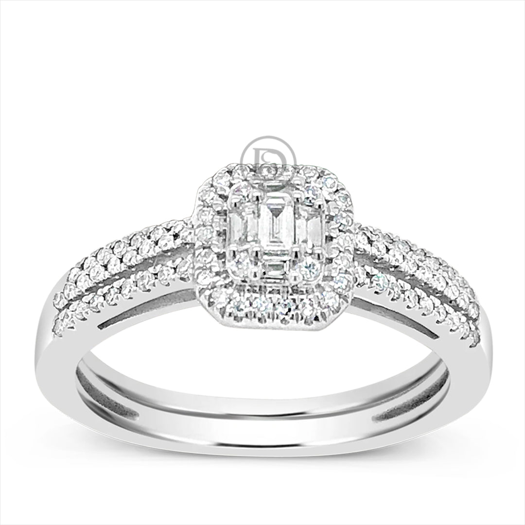 Diamond Halo Engagement Ring .33 CTW Baugette W/ Round Cut 14K White Gold