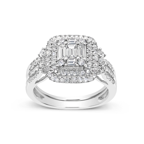 Diamond Halo Engagement Ring .90 CTW 14K Baugettes w/ Round CutWhite Gold