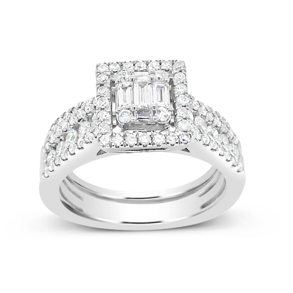 Diamond Halo Engagement Ring 1.15 CTW Bagguettes w/ Round Cut 14K White Gold