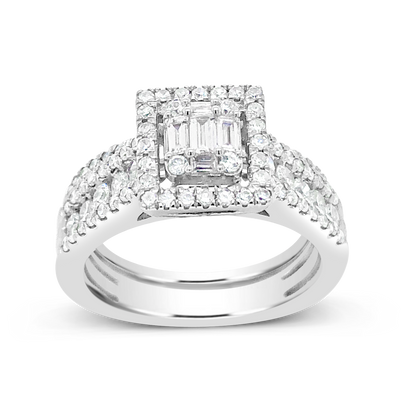 Diamond Halo Engagement Ring 1.15 CTW Bagguettes w/ Round Cut 14K White Gold