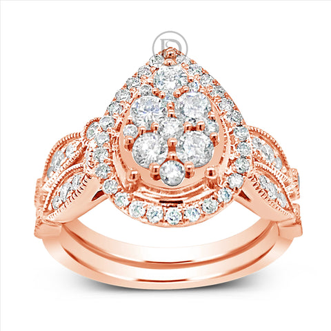 Diamond Halo Pear Shaped Engagement Ring 1 CTW Round Cut 14K Rose Gold