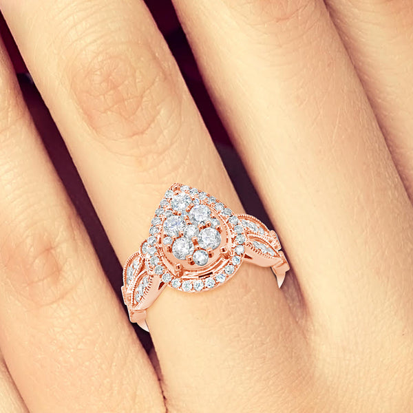 Diamond Halo Pear Shaped Engagement Ring 1 CTW Round Cut 14K Rose Gold