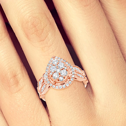 Diamond Halo Pear Shaped Engagement Ring 1 CTW Round Cut 14K Rose Gold